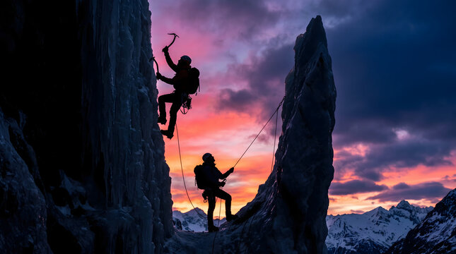 Silhouetted mountaineers climbing steep vertical rock walls with ropes.