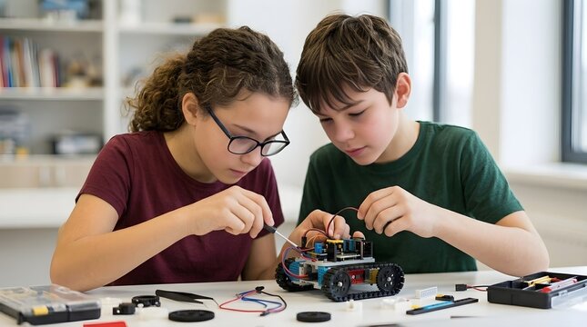 Two Children Collaborating on a Robotics Project Building a Small Electronic Car for STEM Learning at Home or School