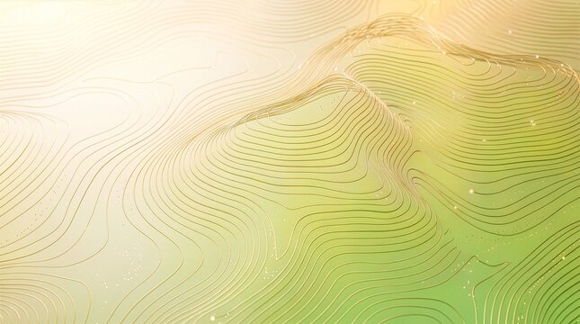 Fresh green and gold topographic contour lines and glowing particles with upper left copy space for eco business and sustainable presentation, abstract business background