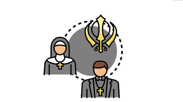 Clergy members, a priest and a nun, standing alongside a golden khalsa design, an iconic religious emblem, different faiths and spiritual paths