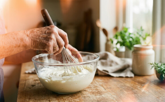 Elderly woman whisking batter in a glass bowl in a rustic kitchen setting, representing homemade baking, culinary tradition, and wholesome cooking