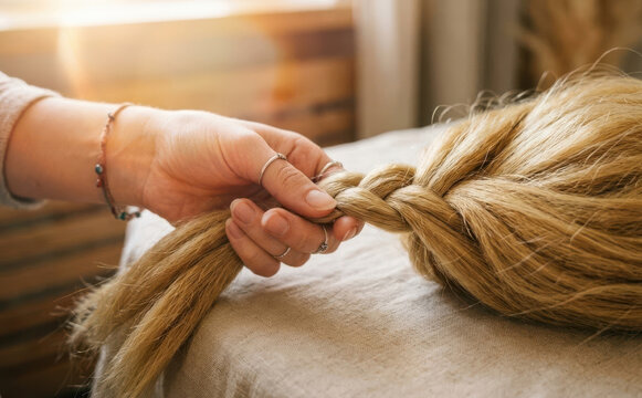 Woman braiding blonde hair closeup in a salon, representing hairstyling beauty care and professional hairdressing concepts for lifestyle and fashion media