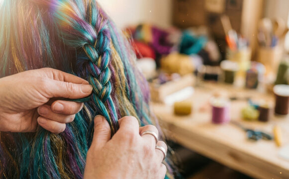 Woman braiding colorful rainbow hair in a craft workshop, creative styling process representing alternative beauty, self-expression, and modern hairstyling trends.