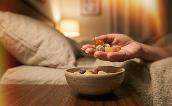 Woman holding sleep gummies in hand in bedroom at night concept for insomnia relief and melatonin supplements