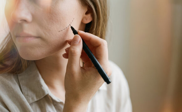 Young adult Caucasian woman preparing for plastic surgery drawing dotted line on her face with a marker representing cosmetic procedure and aesthetic improvement