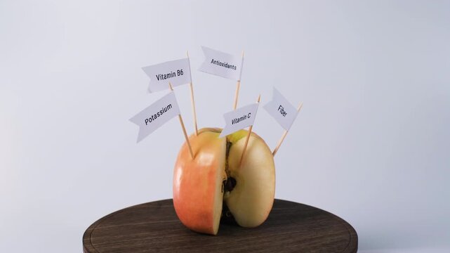 An apple rotates with potassium, vitamin B6, antioxidants, vitamin C and fiber flags on wood stand. Healthy fruit snacking and beneficial dietary nutrients concept