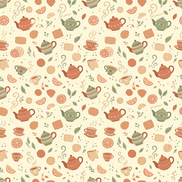 Cozy tea time seamless pattern with teapots cups lemon slices and cookies illustration