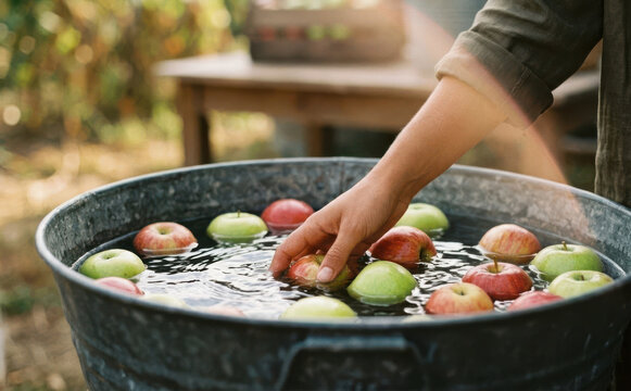 Woman Washing Fresh Apples in Metal Tub Outdoors for Organic Harvest Concept and Local Produce Market