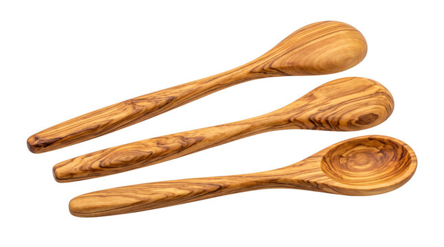 Olive wood spoons, set of 3 handcrafted wooden kitchen utensils, rustic timber cooking tools with natural grain for culinary food preparation isolated PNG with Transparent Background