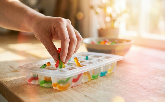Woman making frozen gummy worm ice cubes in a kitchen tray for a party treat, creative snack idea for kids and summer celebration concept