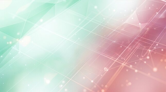 Clean pale green and pink geometric network grid with light flares and upper left copy space for beauty IT and corporate presentation, abstract business background