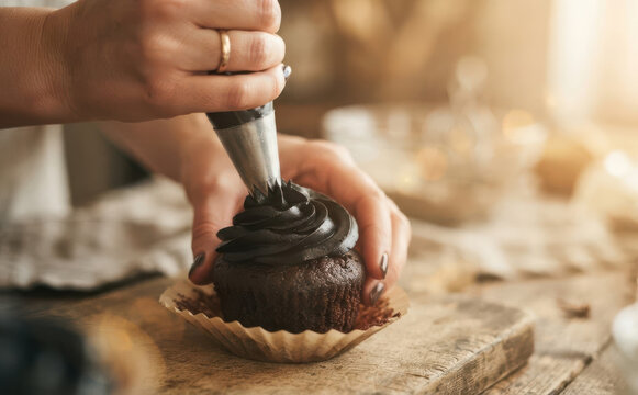 Woman frosting a chocolate cupcake with dark cream using a piping bag in a rustic kitchen, representing baking art, confectionery passion, and homemade dessert preparation
