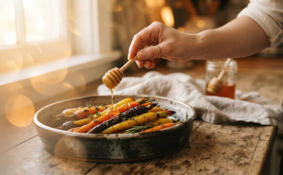 Woman drizzling honey on roasted carrots in a rustic kitchen setting, ideal for organic food and healthy cooking concepts