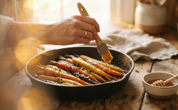 Woman brushing glaze on roasted baby carrots in cast iron skillet on rustic wooden table for cooking and recipe concept
