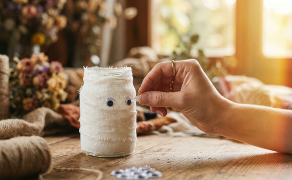 Woman making Halloween mummy craft with gauze and googly eyes on wooden table