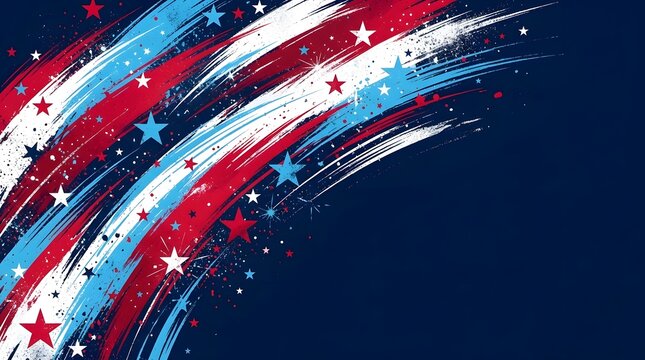 Red white and blue brush strokes with stars on dark navy blue background
