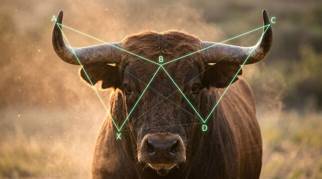 Majestic bull head close up overlaid with green financial bullish harmonic pattern diagram illustrating market uptrend technical analysis