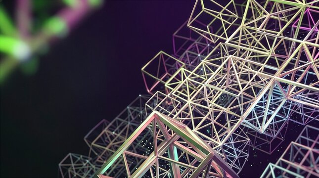 Dark purple and neon green iridescent 3D wireframe cube lattice with particles and upper left copy space for cyber IT network and business presentation, abstract business background