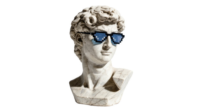 Marble bust of David wearing pixelated blue sunglasses, isolated on transparent background