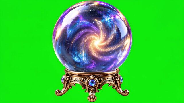 Magical Crystal Ball with Glowing Spiral Galaxy and Cosmic Energy on Green Screen Background, Mystical Fortune Telling Orb with Colorful Swirling Universe and Ornate Golden Stand
