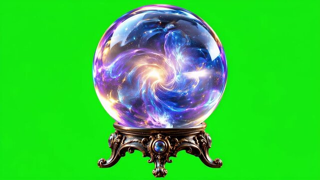 Magical Crystal Ball with Glowing Spiral Galaxy and Cosmic Energy on Green Screen Background, Mystical Fortune Telling Orb with Colorful Swirling Universe and Ornate Golden Stand