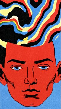 Abstract Psychedelic Animation with Bold Red Blue Yellow and Black Wavy Stripes, Retro Groovy Colorful Pattern with Organic Flowing Shapes and Textured Pop Art Design