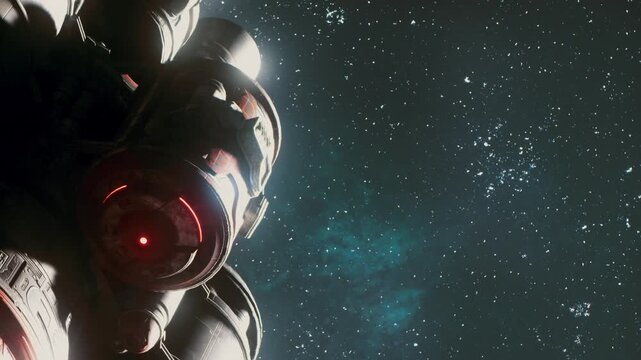A figure in a high tech robotic suit stands against the backdrop of sparkling stars. The suit glows with bright lights, showcasing advanced technology and the mystery of deep space exploration.