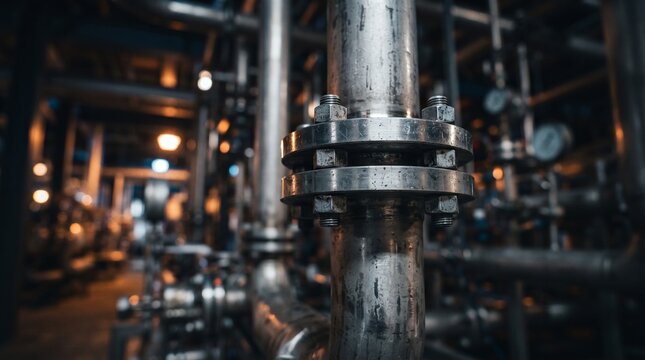 Industrial metal pipe flange connection in a dark manufacturing plant with soft golden bokeh lighting and shallow depth of field showcasing heavy engineering equipment and plumbing systems