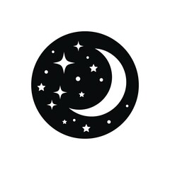 Minimalist circular black and white icon depicting a crescent moon surrounded by various shining stars in the night sky at midnight © Milia