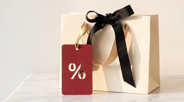 luxury shopping visuals, an elegant red percentage-tagged shopping bag rests on a pristine white surface