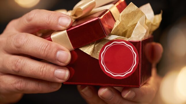 gift-giving moments, hands delicately hold a luxurious gift box adorned with a striking red sale sticker