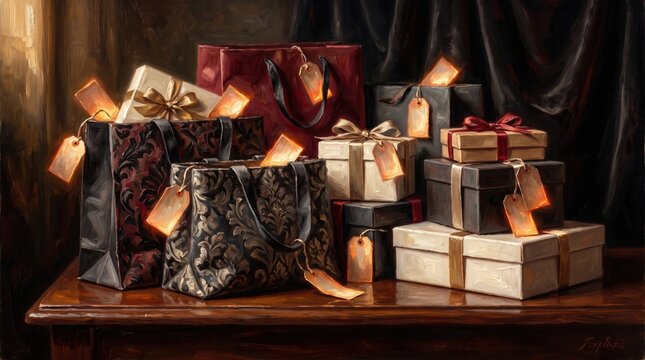 retail abundance art, a luxurious still life of overflowing bags and premium boxes glows warmly