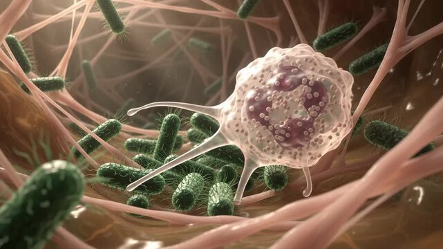 Bacterium interacting with a white blood cell inside human tissue, demonstrating immune response against infection, pathogen destruction mechanism, microscopic view of cellular defense.