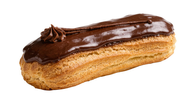 Rich chocolate eclair with piped cream and glossy ganache, isolated on transparent background