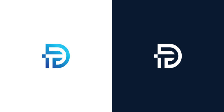 Modern letter D monogram logo design with a futuristic tech concept, presented in blue and white variants