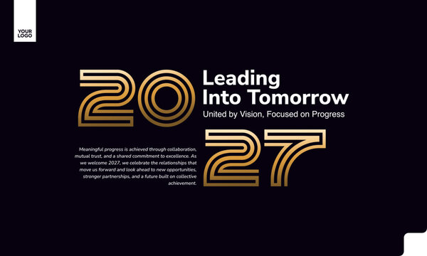 Happy New Year 2027 Gold Outline Typography Banner with Elegant Geometric Design