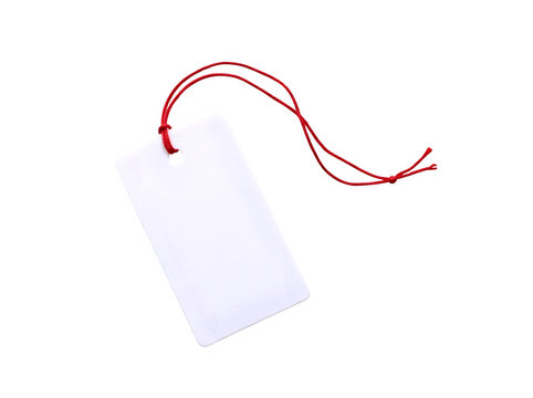 Blank rectangular white cardboard price tag with thin red string tied in loop isolated on transparent background for product mark.