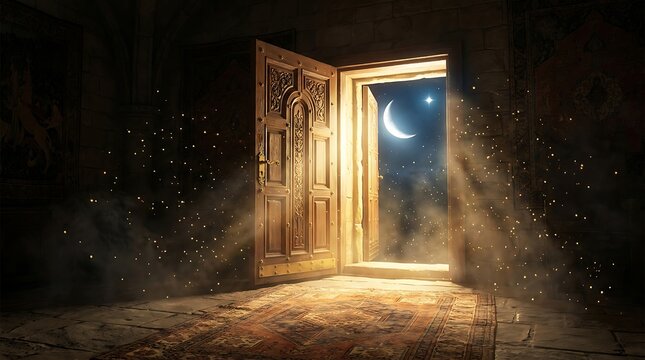 Mystical open wooden door revealing night sky with crescent moon and sparkling stars entrance celestial threshold