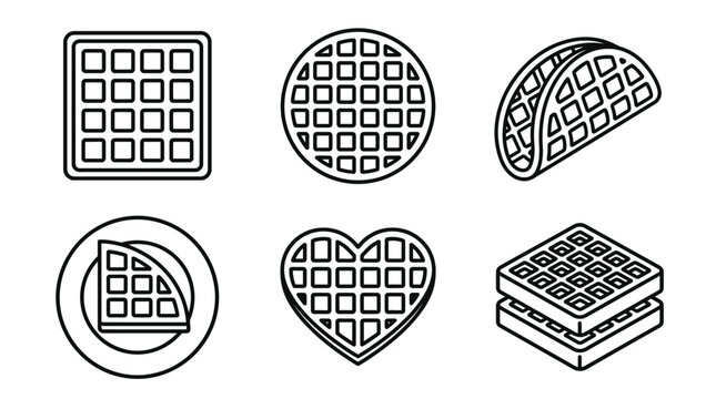 Set of sweet waffle line icons including heart round and square shapes