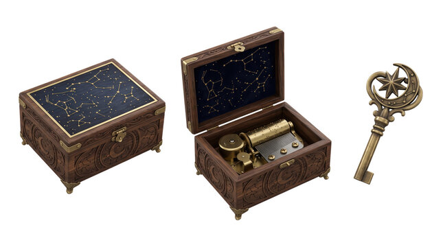 Antique wooden music boxes featuring celestial constellation patterns and a decorative brass skeleton key isolated on a transparent background