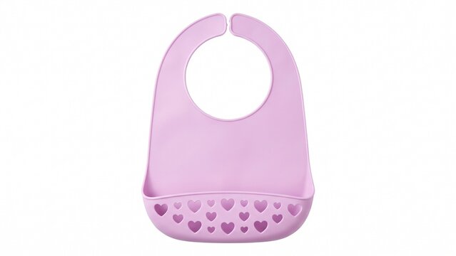 Pastel pink silicone baby bib featuring cute heart shaped crumb catcher pocket displayed against clean white background