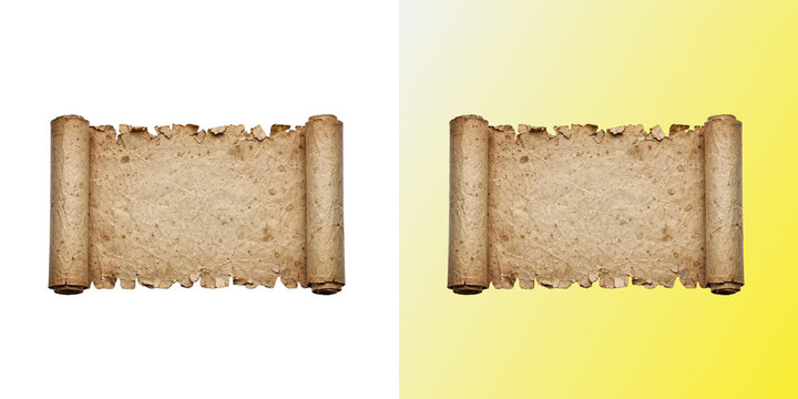 Ancient Parchment Scroll, old rolled paper scroll with burnt torn edges lying horizontal