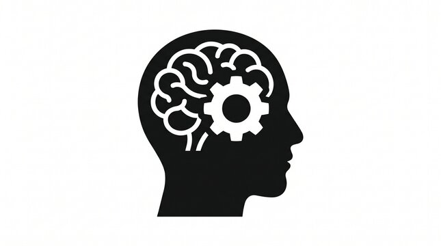 Human head silhouette with a gear icon inside, representing artificial intelligence, cognitive processing, machine learning, and mental innovation.