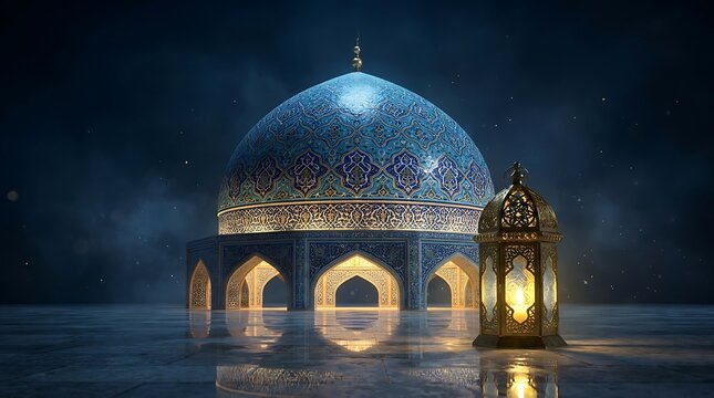Intricate illuminated mosque dome reflecting in night water with architecture building religion reflection mystical ethereal