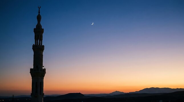 A solitary mosque minaret stands against a twilight sky under a crescent moon with architecture religious building