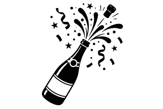 Black Champagne Bottle Popping Cork for New Year Celebration Isolated on White