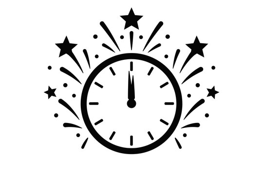 Black Midnight Clock with Festive Starburst for New Year Countdown Isolated on White