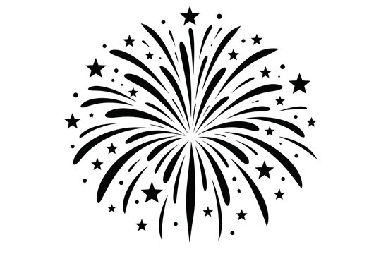 Black Festive Fireworks Burst for New Year Celebration Isolated on White