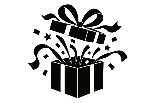 Black Open Gift Box with Confetti for New Year Celebration Isolated on White