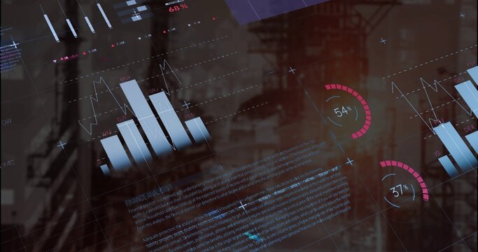 Displaying HUD overlaying crane site at dusk, showing bar-charts, line-graphs, gauges 54% 37%